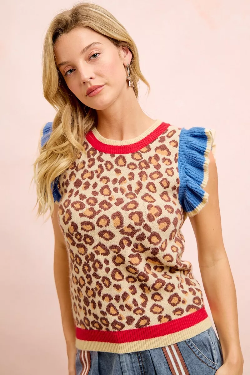 BiBi 4th Of July Leopard Ruffled Detail Knit Top, image 10