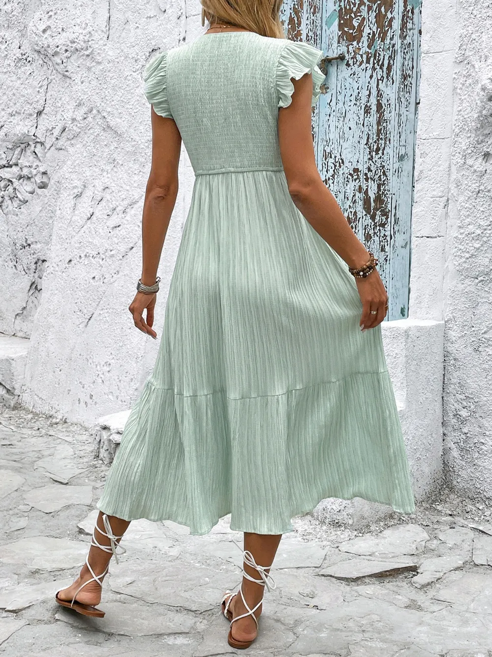 V-Neck Ruffled Cap Sleeve Dress, image 3