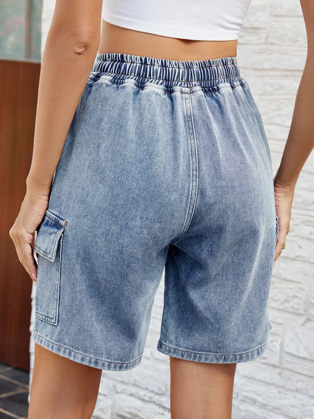 Drawstring Denim Shorts with Pockets, image 2