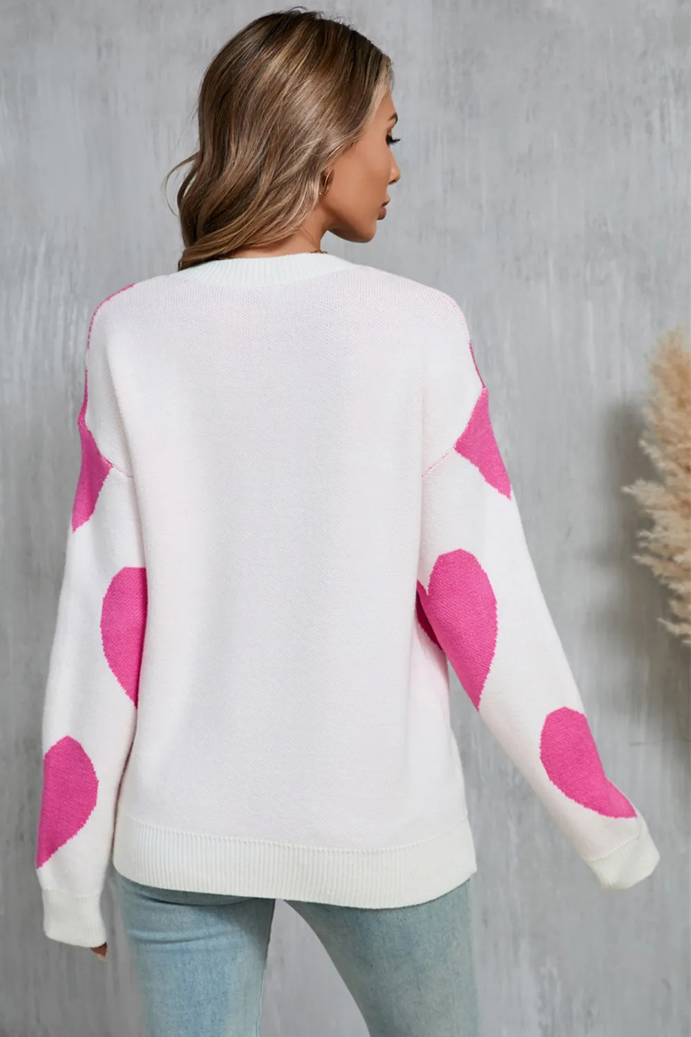 Contrast Heart Dropped Shoulder Long Sleeve Sweater, image 3