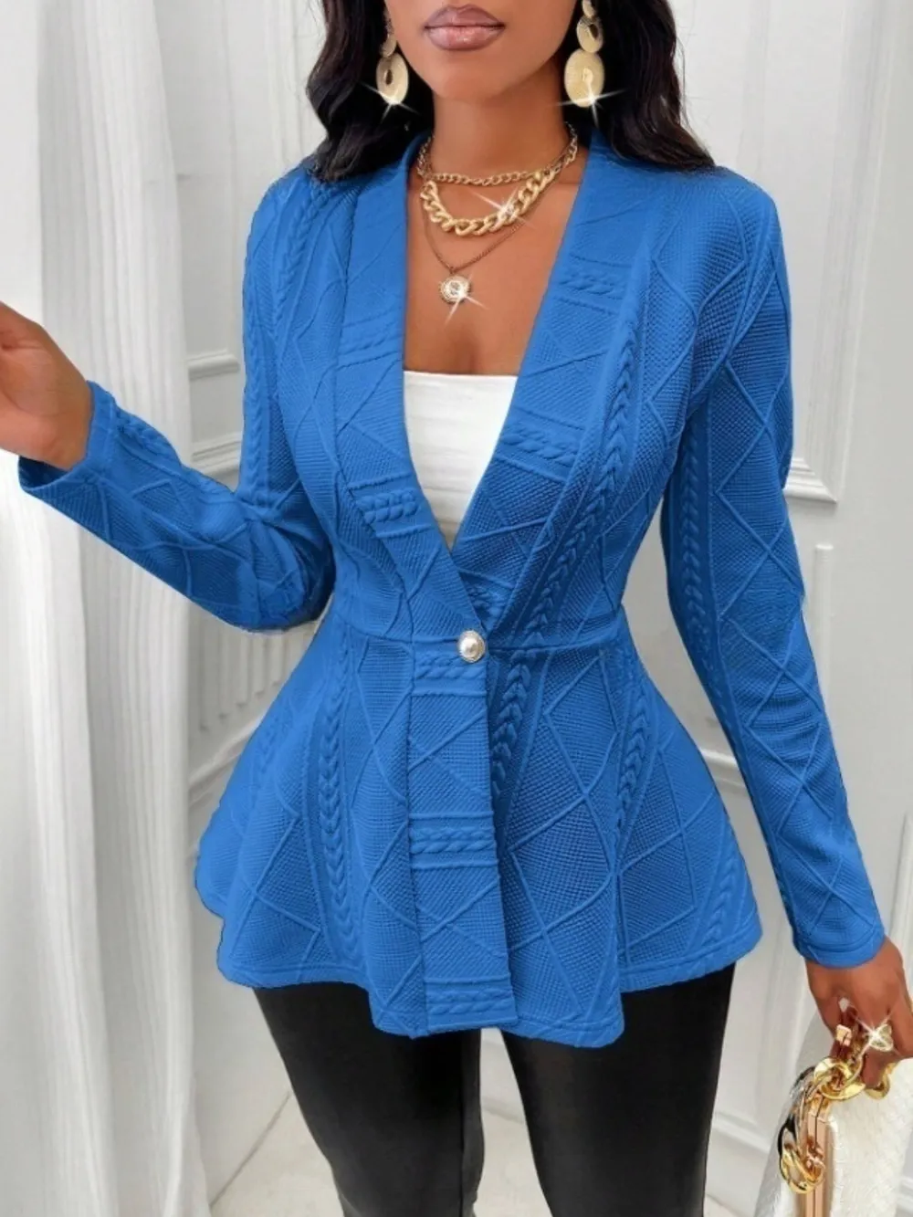 One Button Textured Peplum Cardigan, image 6