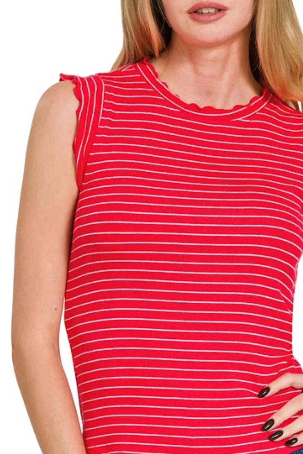 Ribbed Ruffle Trim Sleeveless Stripe Top, image 2