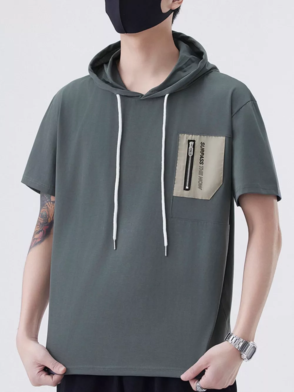 Men's Plus Size Drawstring Short Sleeve Hooded Top, image 6