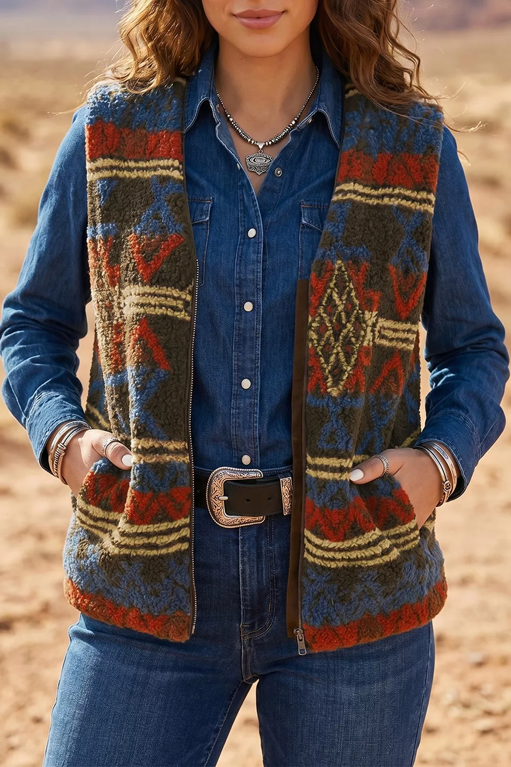 Patterned Fleece Vest Coat