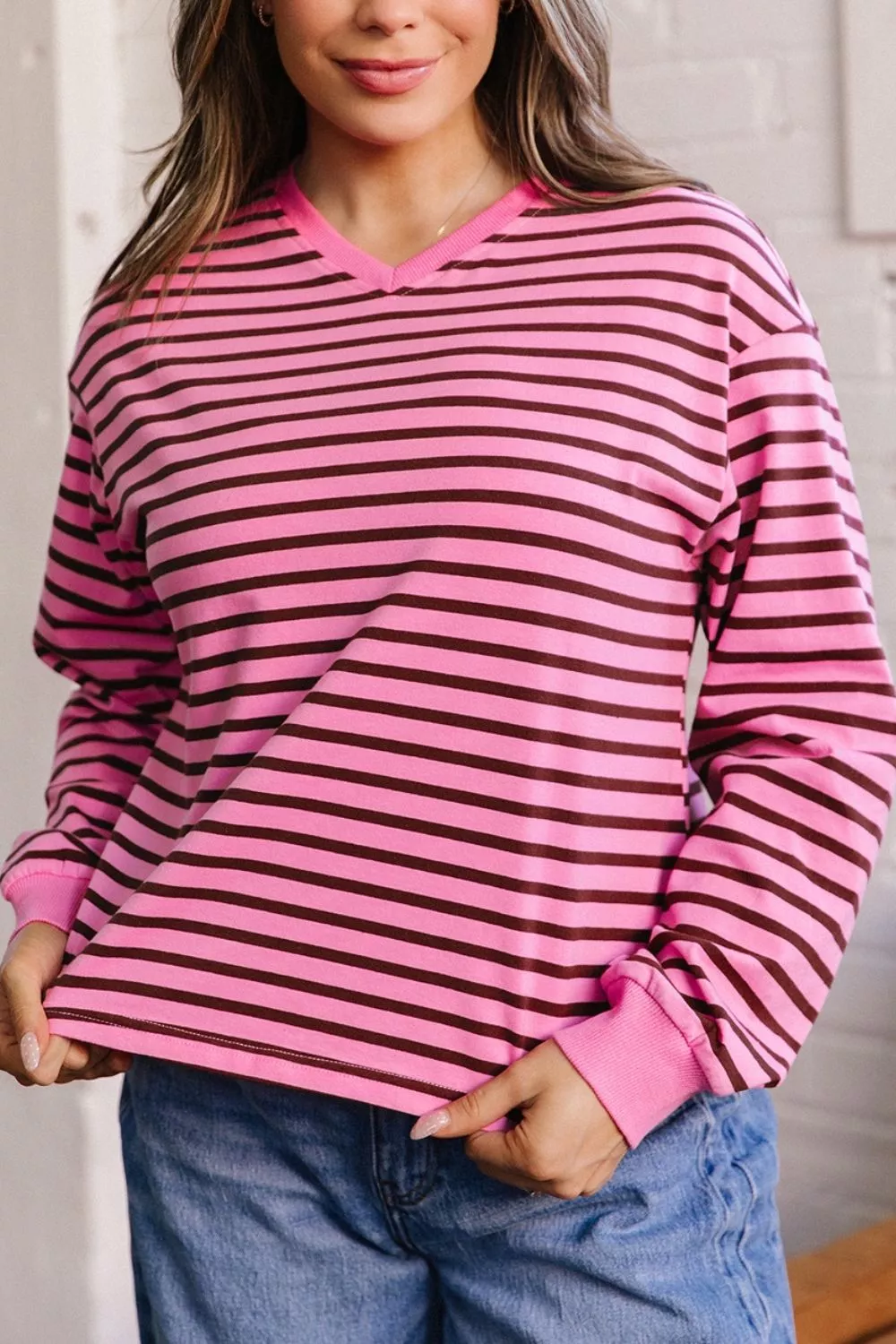 Stripe V Neck Drop Shoulder Long Sleeve Top, image 6