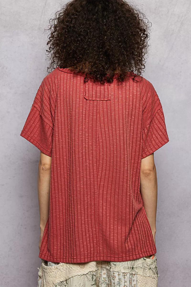 Ribbed Knit V-Neck Short Sleeve T-Shirt with Side Slit, image 3