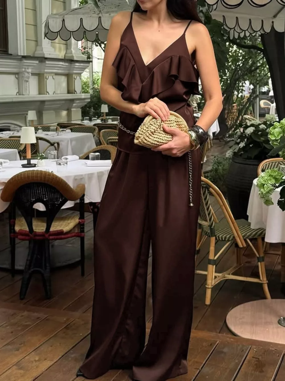 Ruffle V-Neck Cami and Wide-Leg Pants Two-Piece Set, image 4