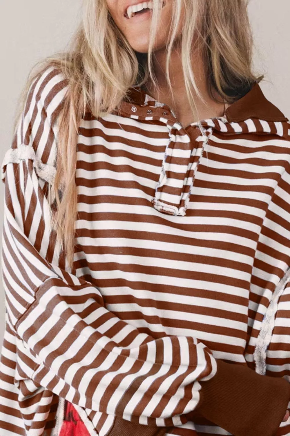 Oversized Striped Henley Sweatshirt, image 3
