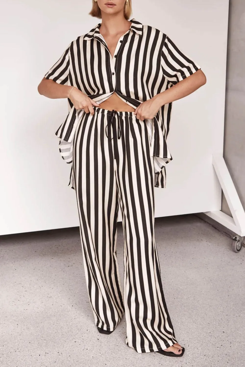 Striped Collared Neck Half Sleeve Top and Pants Set