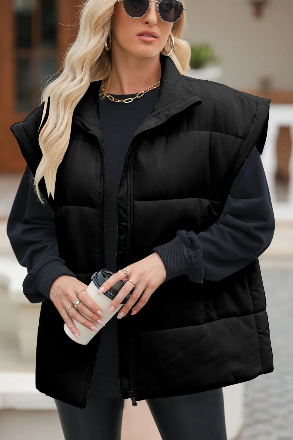 Zip Up Puffer Vest Coat with Pockets, image 4