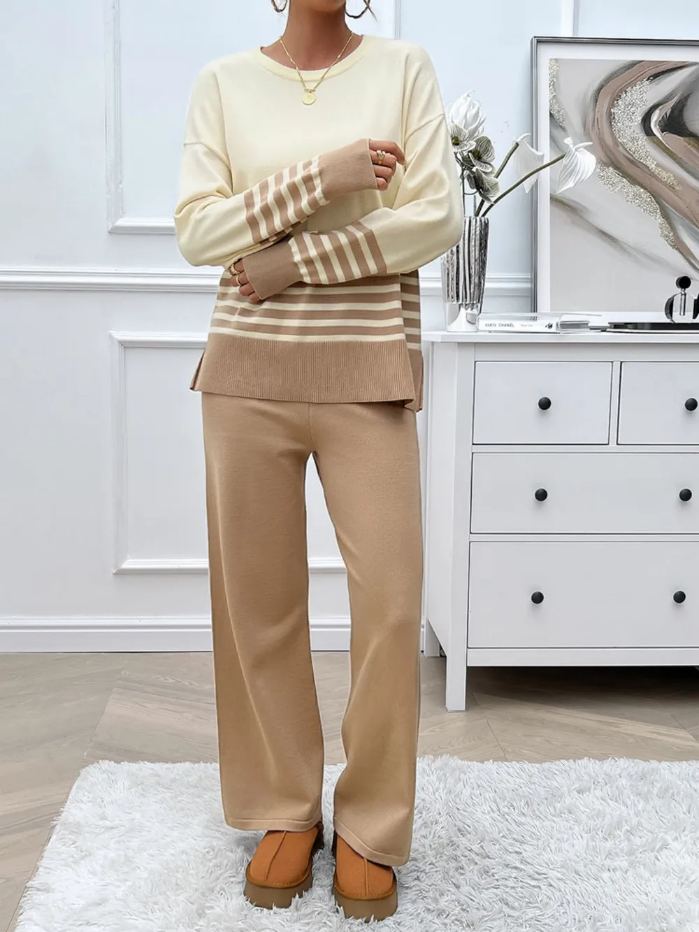 Slit Striped Round Neck Top and Pants Sweater Set, image 8