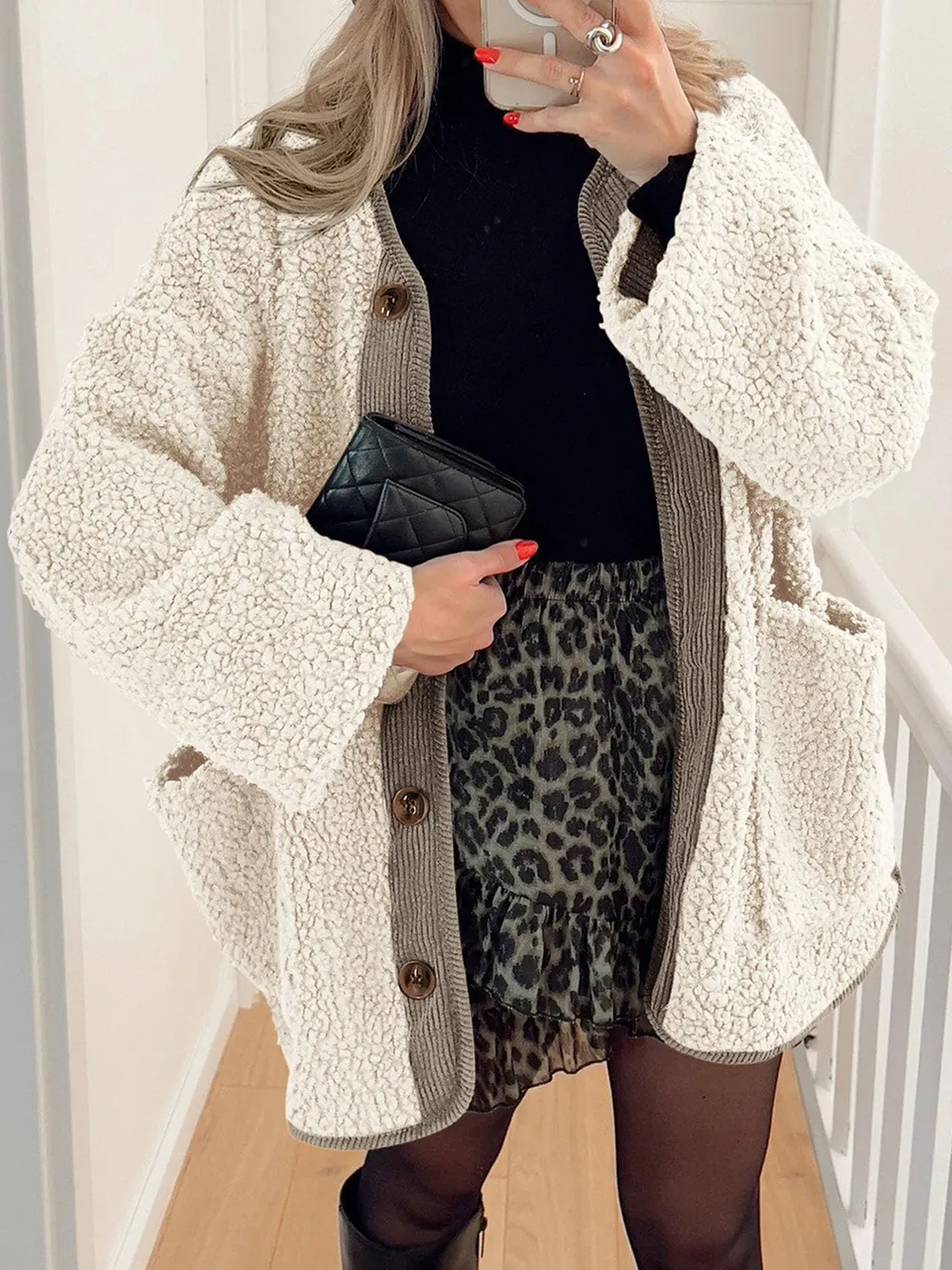 Contrast Button Up Sherpa Jacket with Pockets, image 3