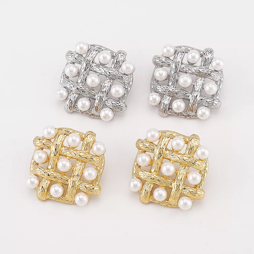 Pearl Grid Square Stud Earrings, image 2