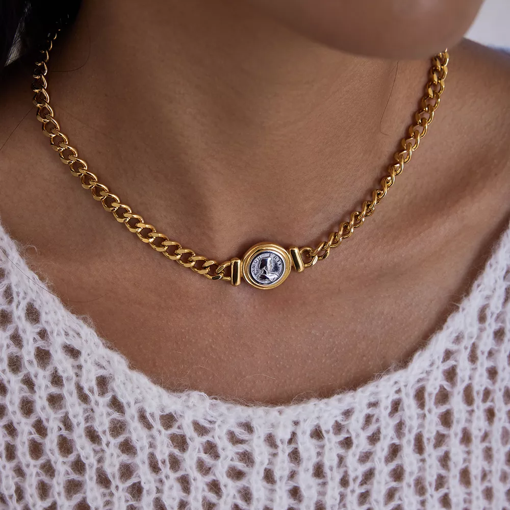 18K Gold-Plated Vintage Coin Charm Curb Chain Necklace, image 3