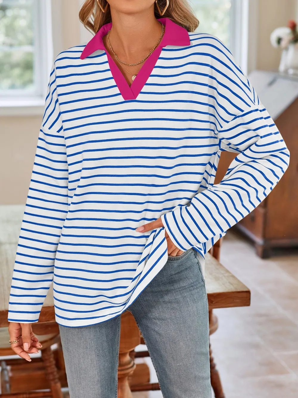 Striped Johnny Collar Long Sleeve T-Shirt, image 2