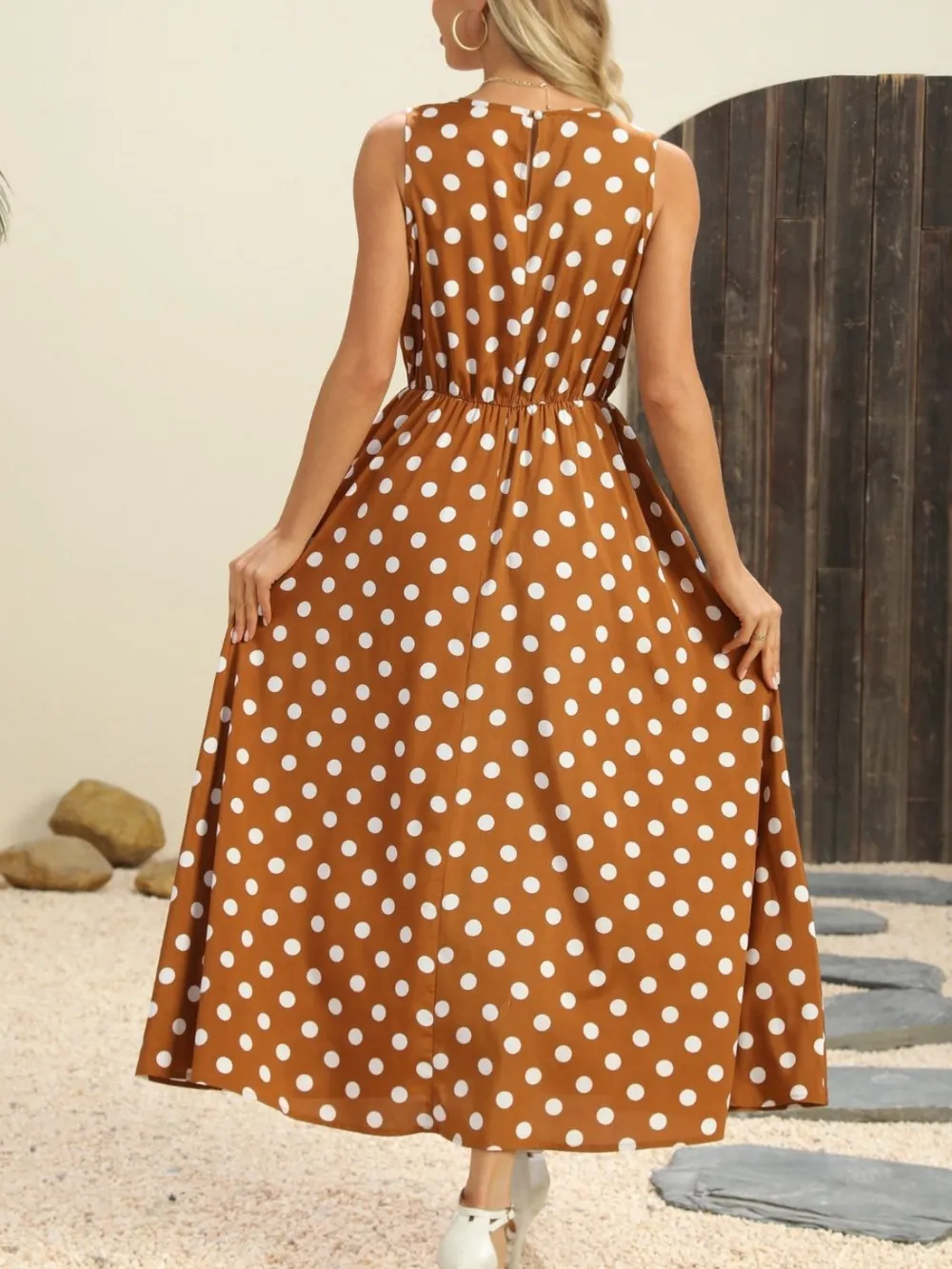 Polka Dot Round Neck Sleeveless Midi Dress, image 2
