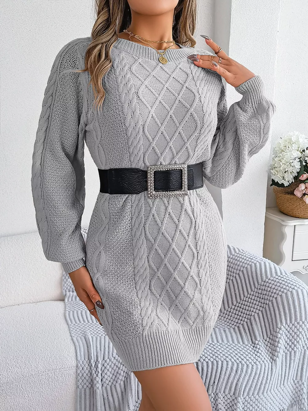 Diamond Cable Knit Sweater Dress with Long Sleeves, image 18