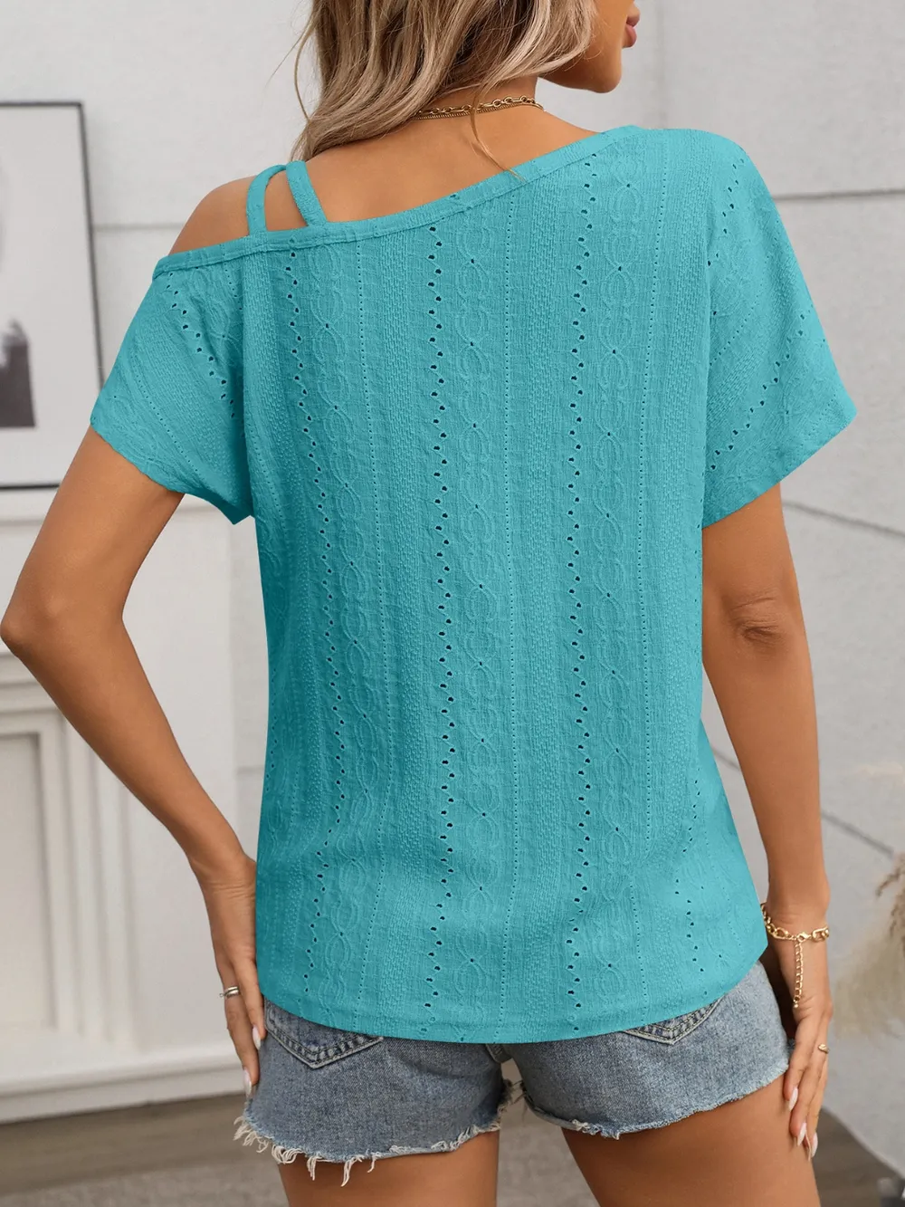 Eyelet Asymmetrical Shoulder Short Sleeve T-Shirt, image 8