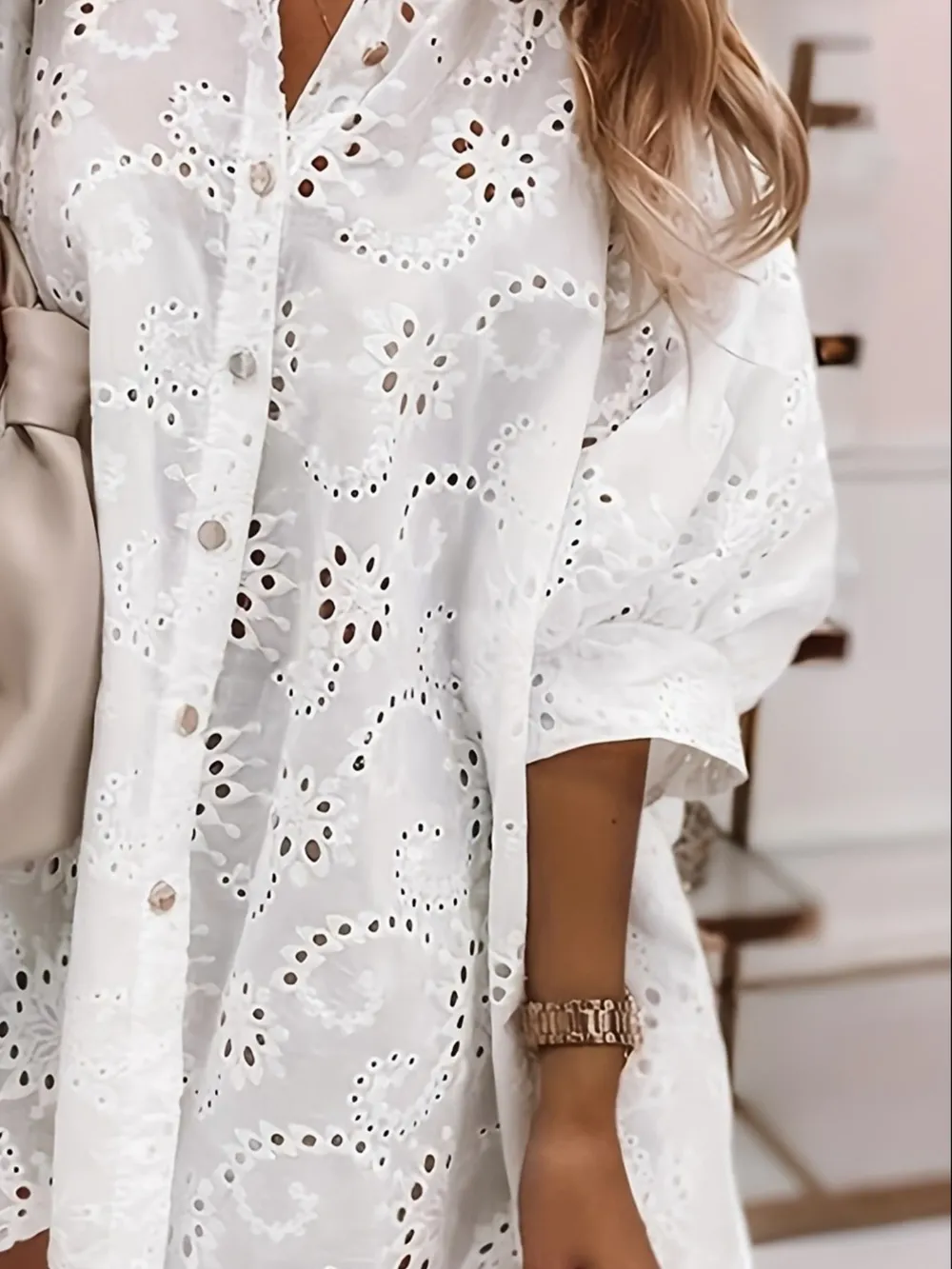 Eyelet Embroidered Button-Down Oversize Shirt, image 3
