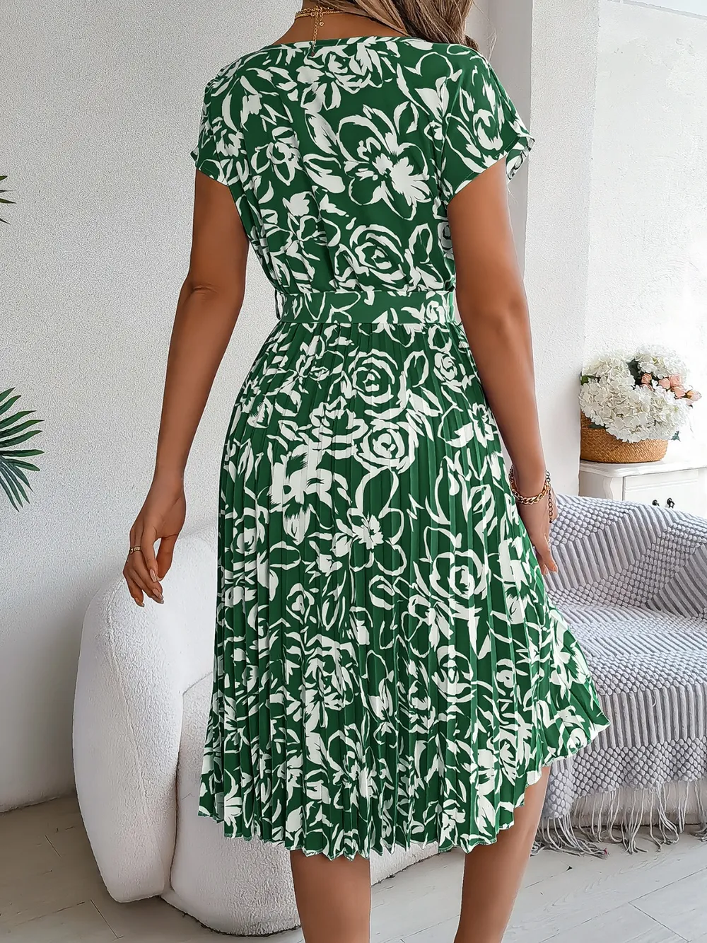 Tied Pleated Printed Short Sleeve Dress, image 15