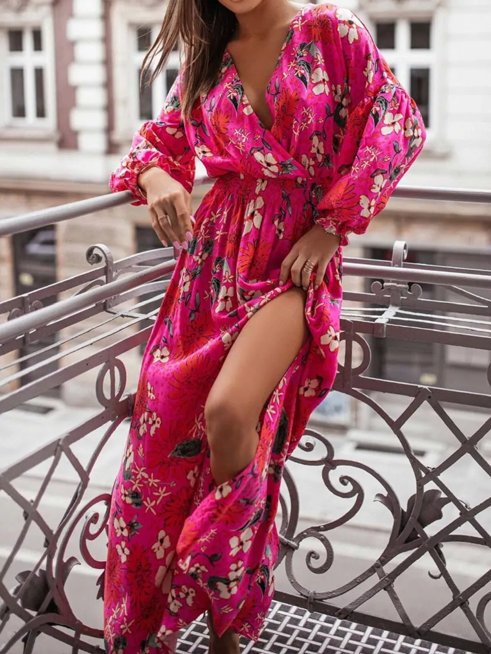 Bohemian Printed Maxi Dress with Plunging Neckline, image 3