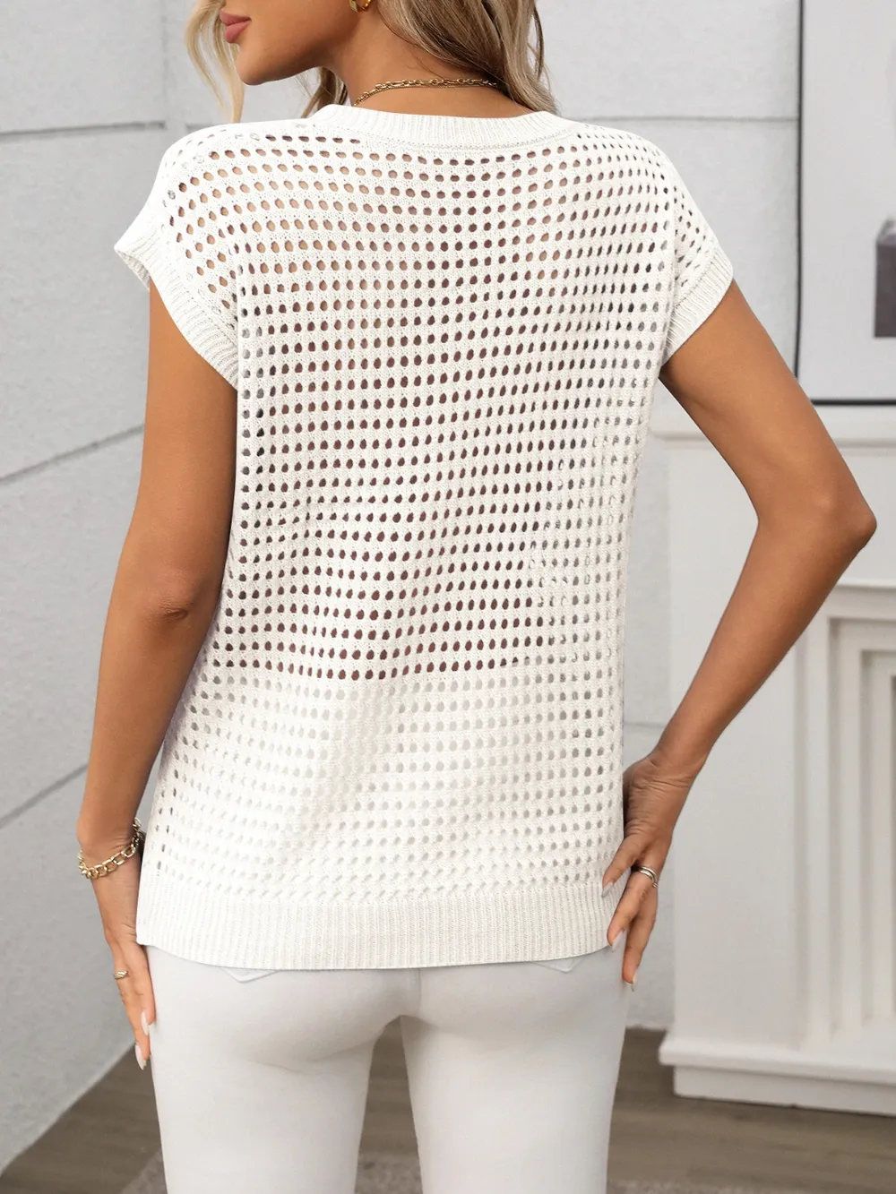 Openwork Round Neck Short Sleeve Knit Cover Up, image 8