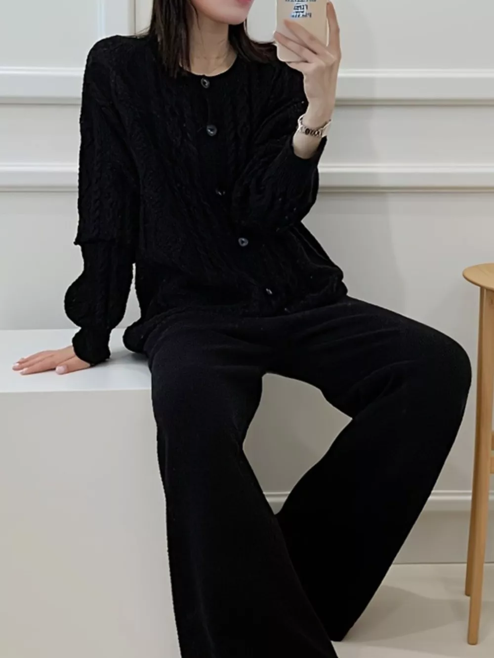 Cable Knit Cardigan & Wide Leg Pants Sweater Set