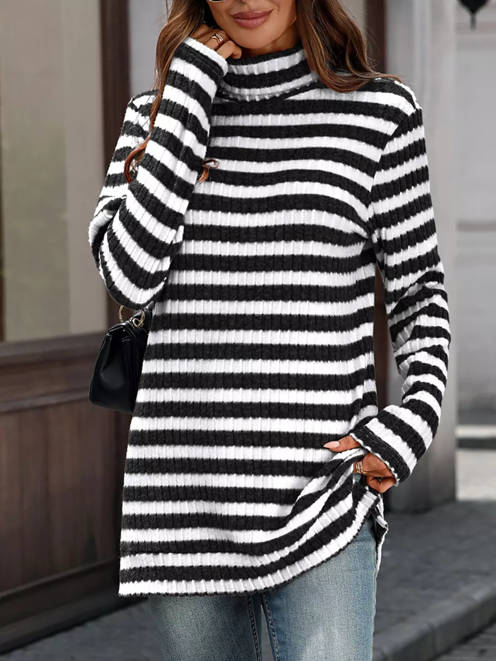 Striped Ribbed Knit Turtleneck Long Sleeve T-Shirt