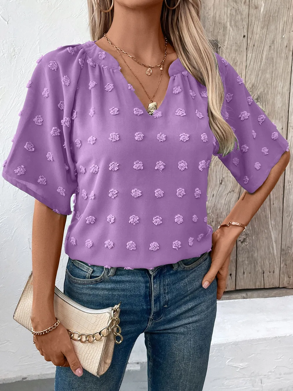 Swiss Dot Notched Half Sleeve Blouse, image 5