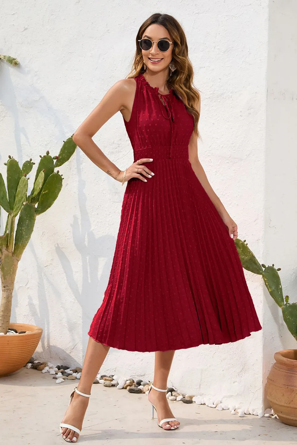 Swiss Dot Tie Neck Sleeveless Dress, image 9