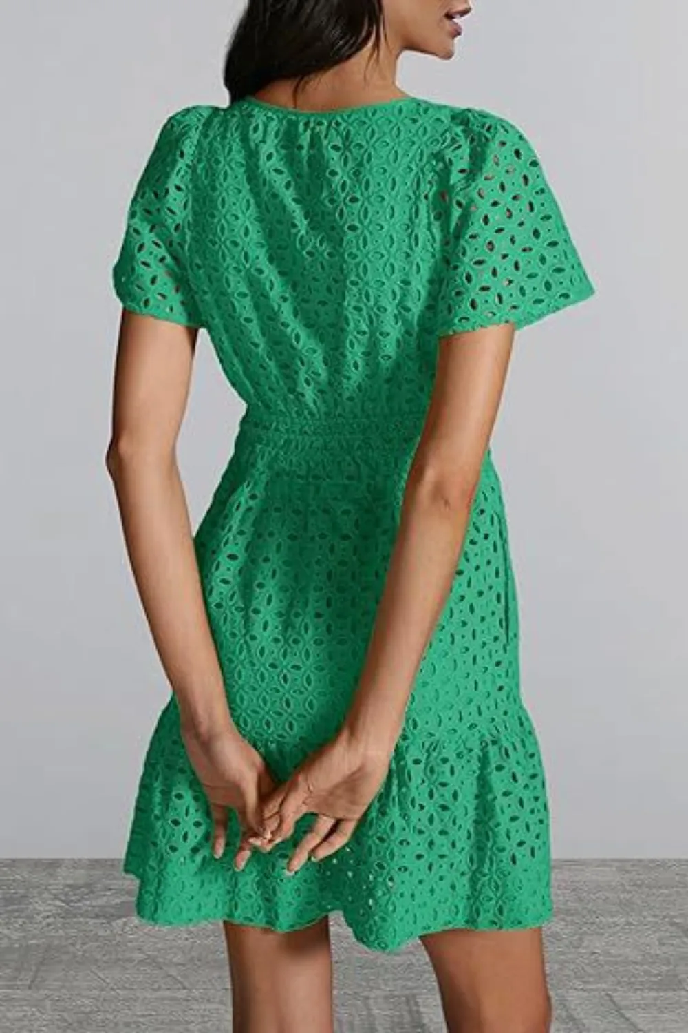 Eyelet Notched Short Sleeve Mini Dress, image 3