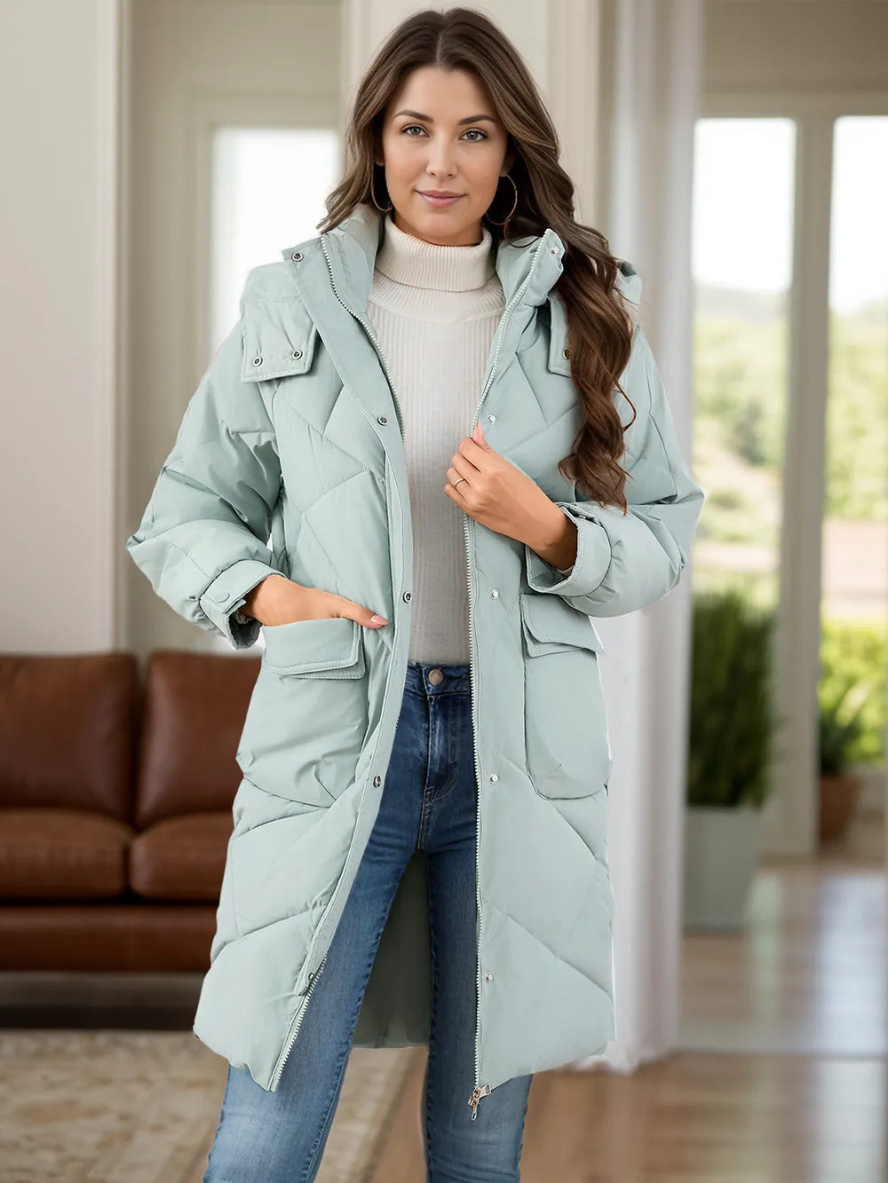 Long Sleeve Longline Hooded Winter Coat with Pockets, image 9