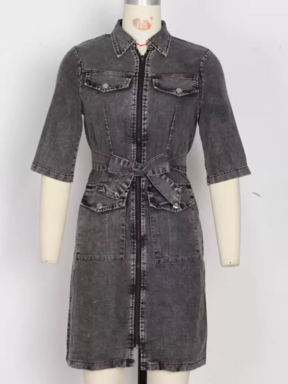 Zipper Front Short Sleeve Denim Dress, image 3