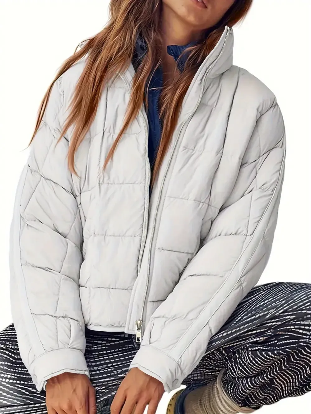 Pocketed Plaid Quilted Zip Up Winter Coat, image 21