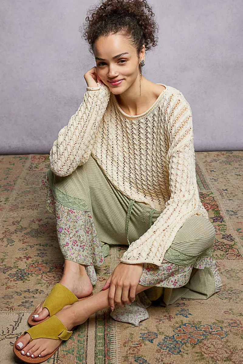 Openwork Round Neck Knit Top with Shiny Detail, image 3