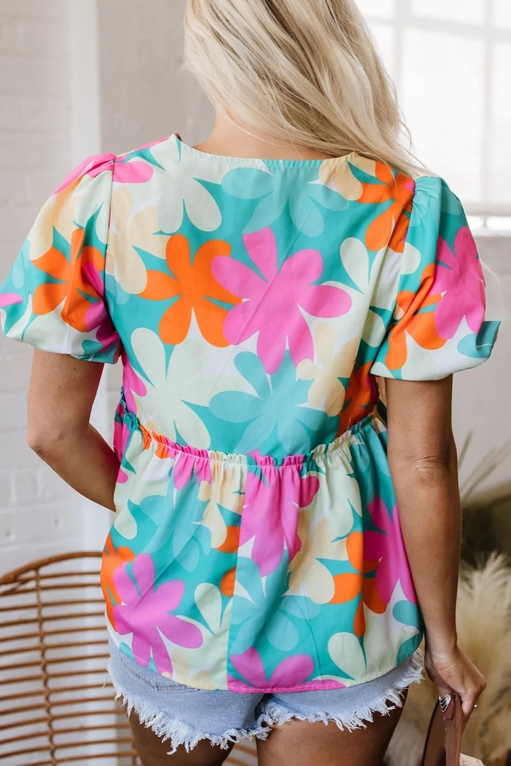 Floral Print Bubble Sleeve V Neck Peplum Blouse, image 5