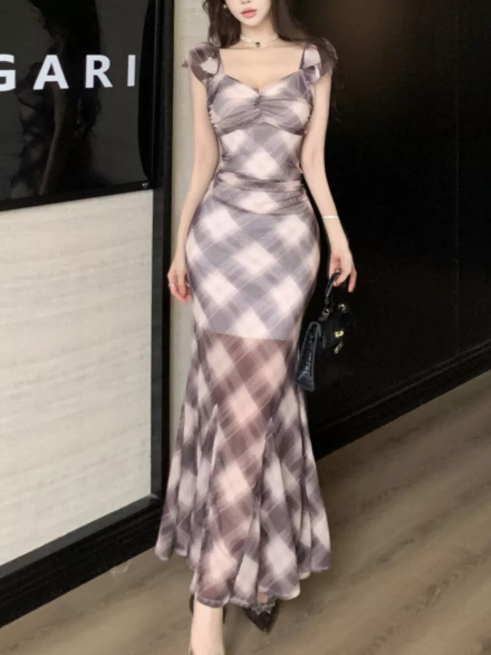 Plaid Ruffle Cap Sleeve Bodycon Maxi Dress, image 3