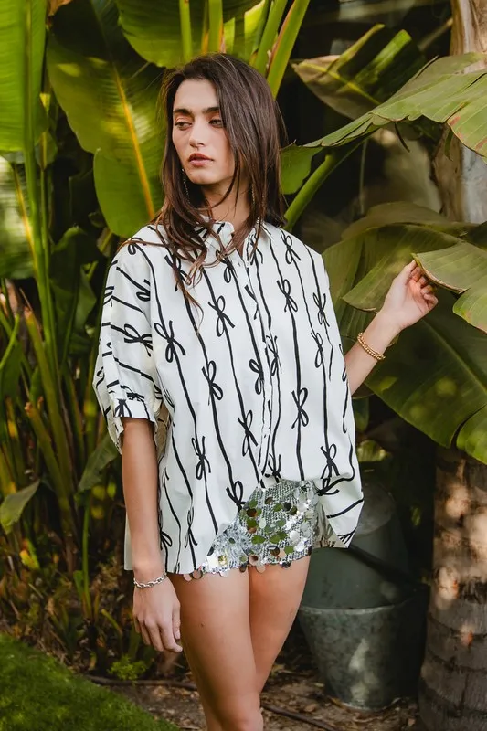 Bow Ribbon Woven Printed Button Down Shirt, image 2