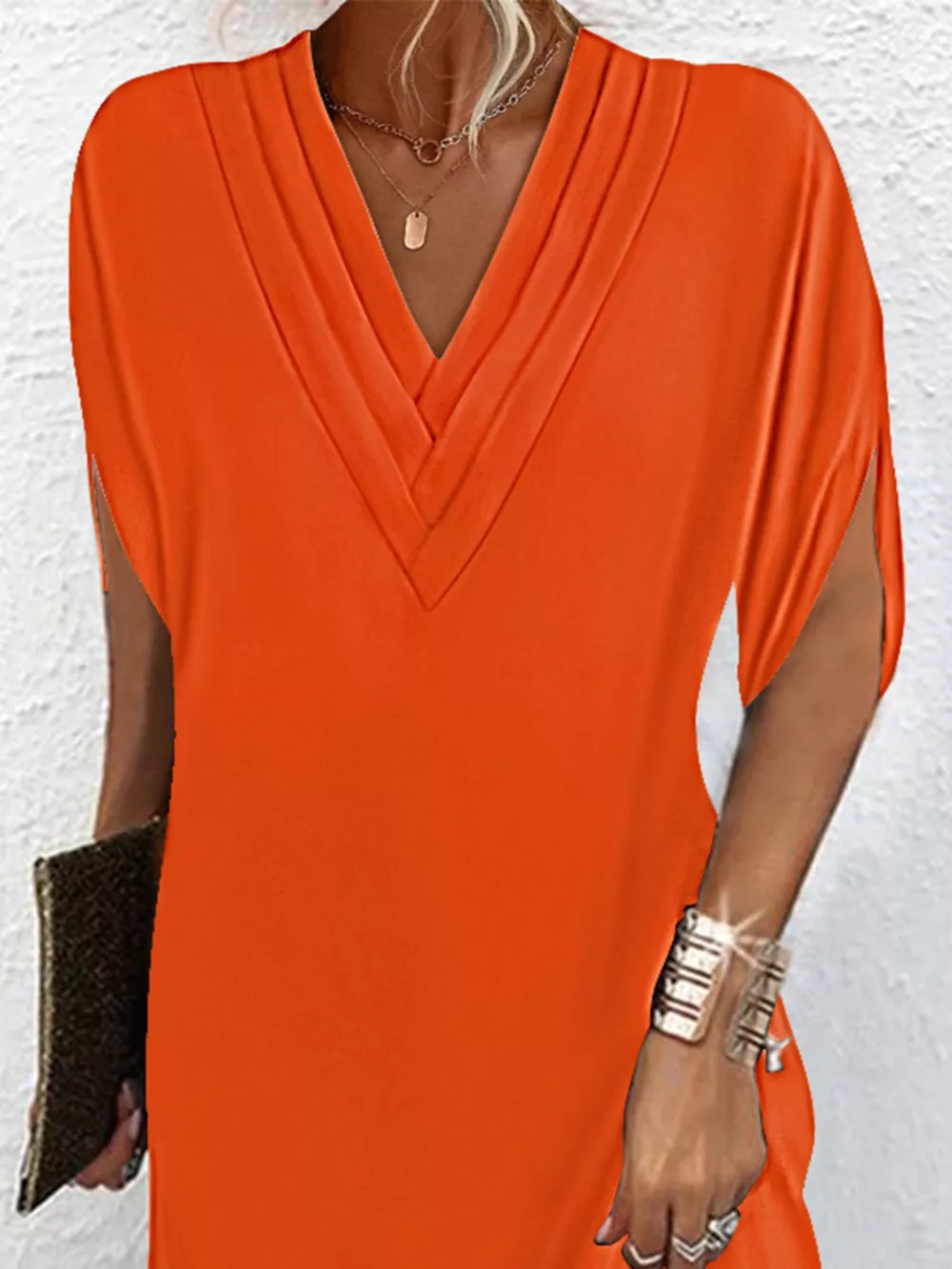 Full Size V-Neck Slit Sleeve Mini Dress Plus Size, image 2
