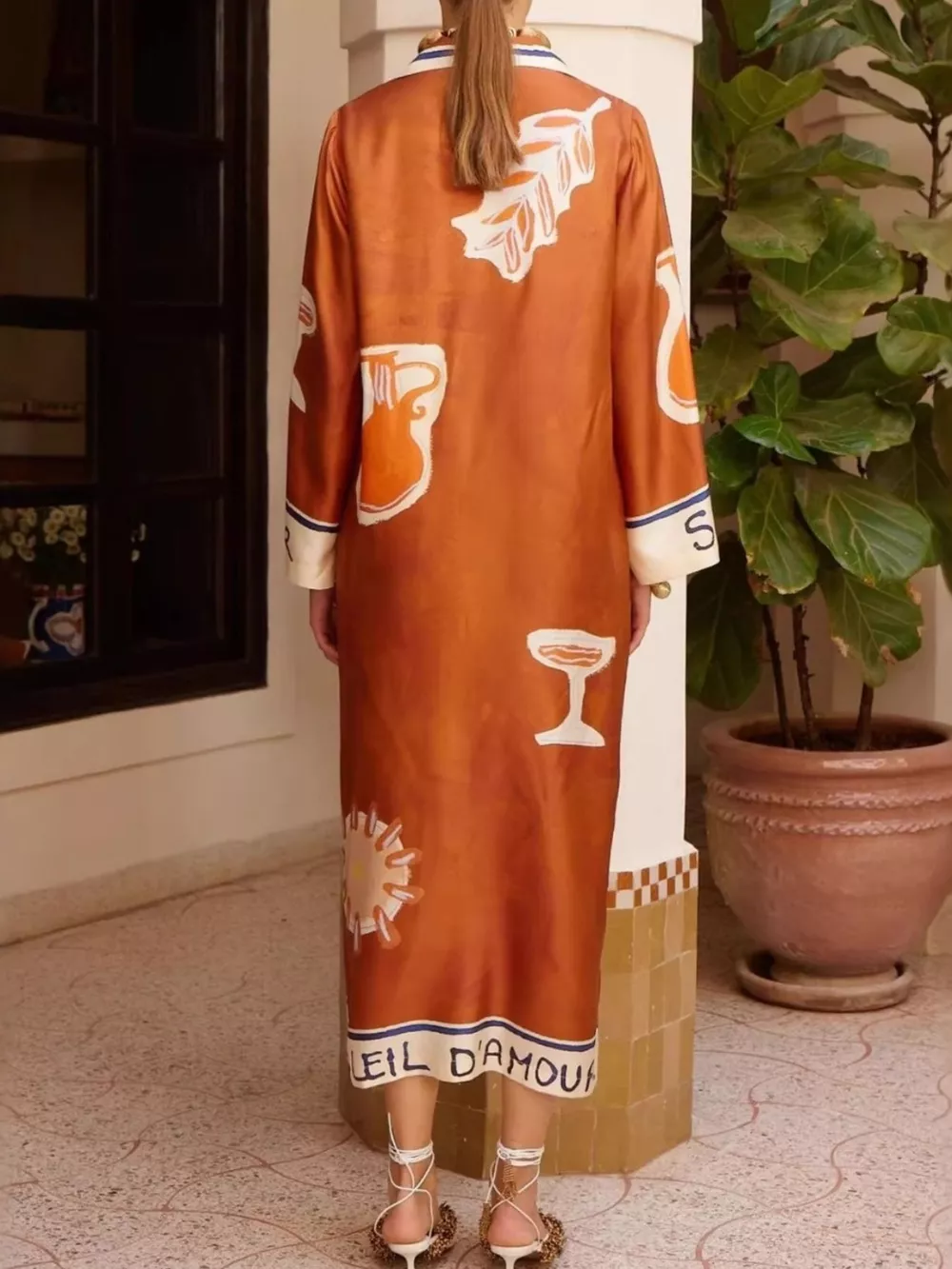 Contrast Trim Printed Button Down Midi Shirt Dress, image 5
