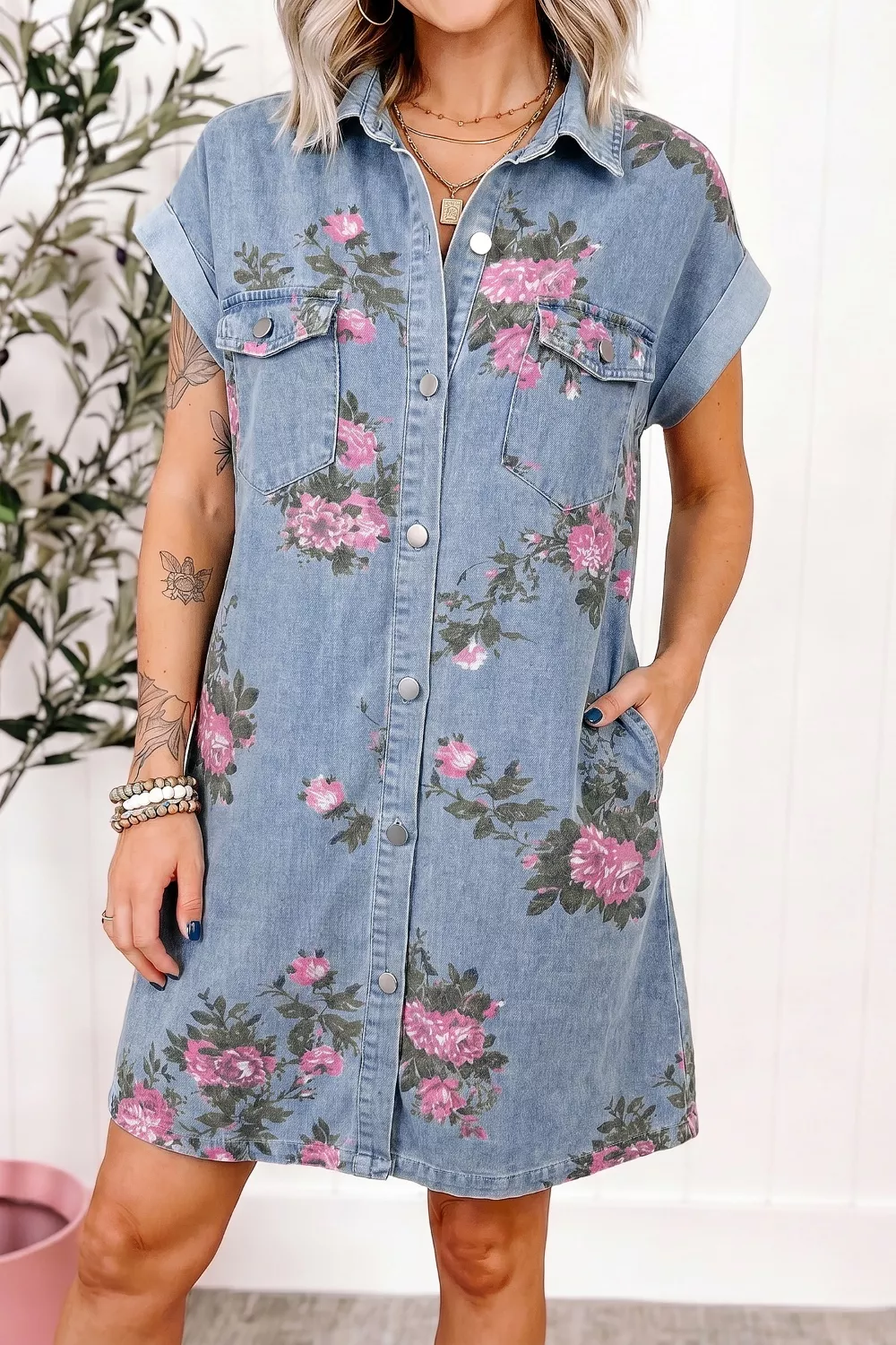 Floral Print Denim Shirt Dress, image 2