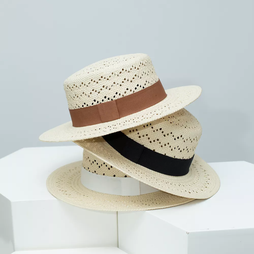 Woven Straw Boater Hat with Ribbon, image 2