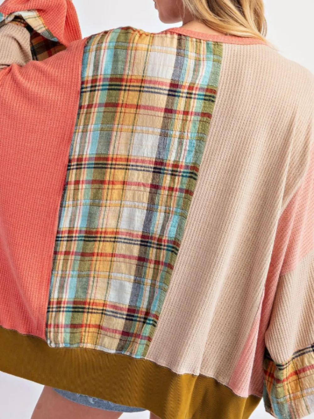 Slit Plaid Round Neck Long Sleeve Sweatshirt, image 3