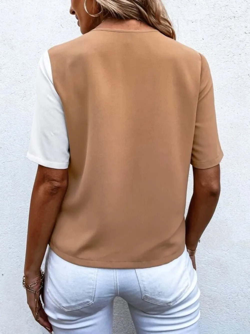 Decorative Button Surplice Short Sleeve Blouse, image 6
