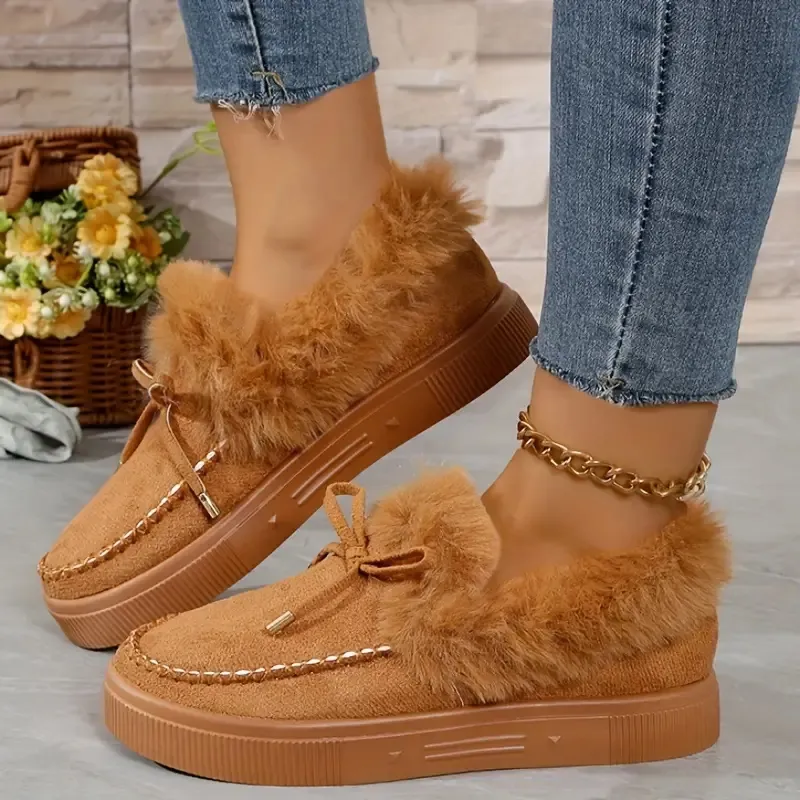 Bow Furry Round Toe Flat Slip-Ons, image 4