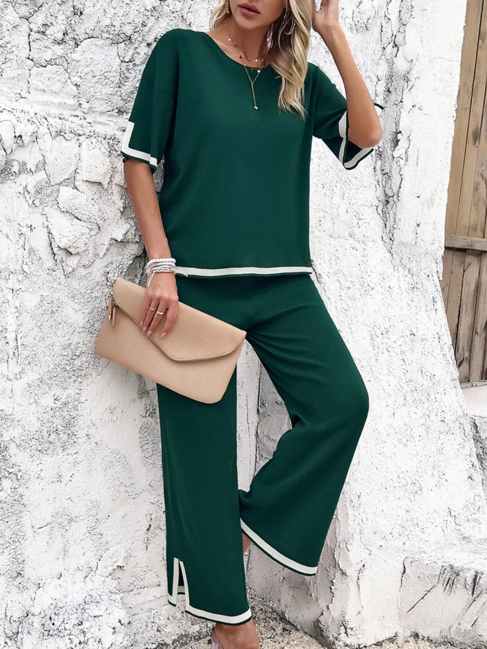Contrast Trim Round Neck Top and Pants Set, image 5