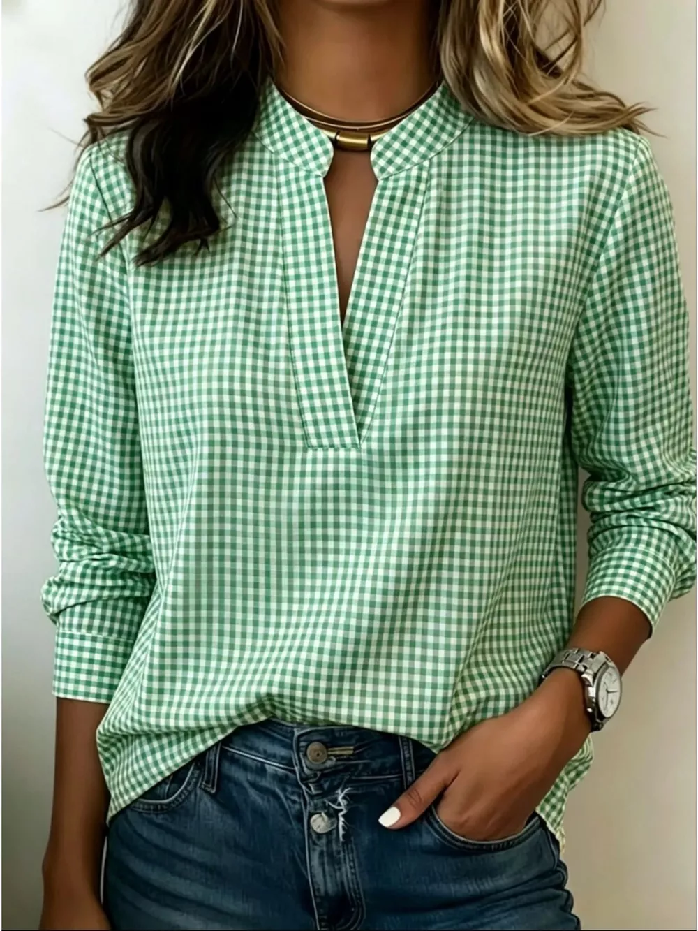 Full Size Plaid Notched Long Sleeve Blouse Plus Size, image 4