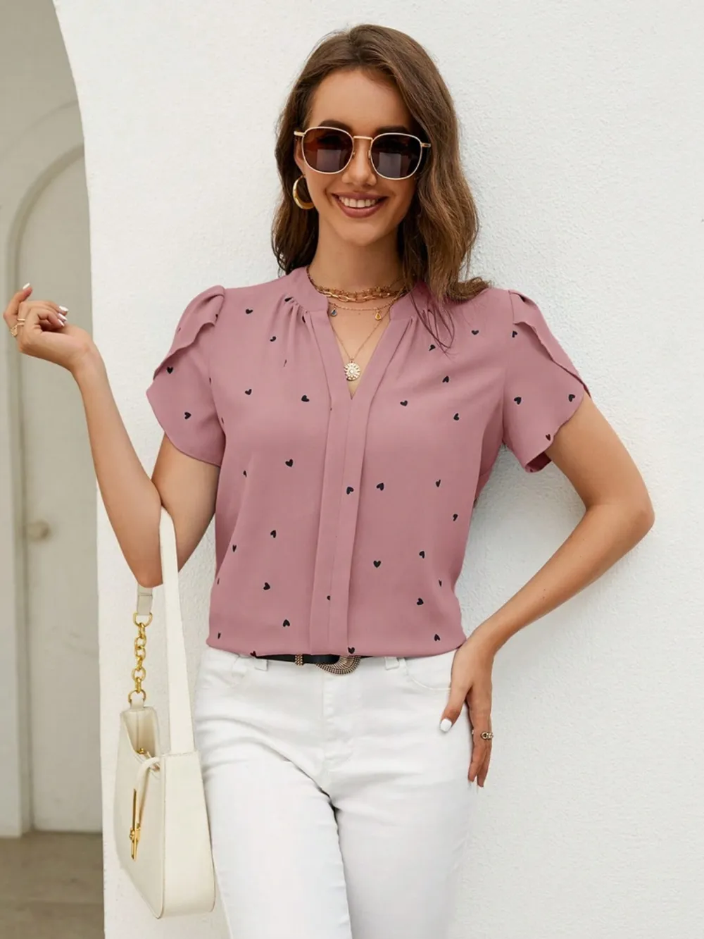 Heart Print Notched Petal Sleeve Blouse, image 23