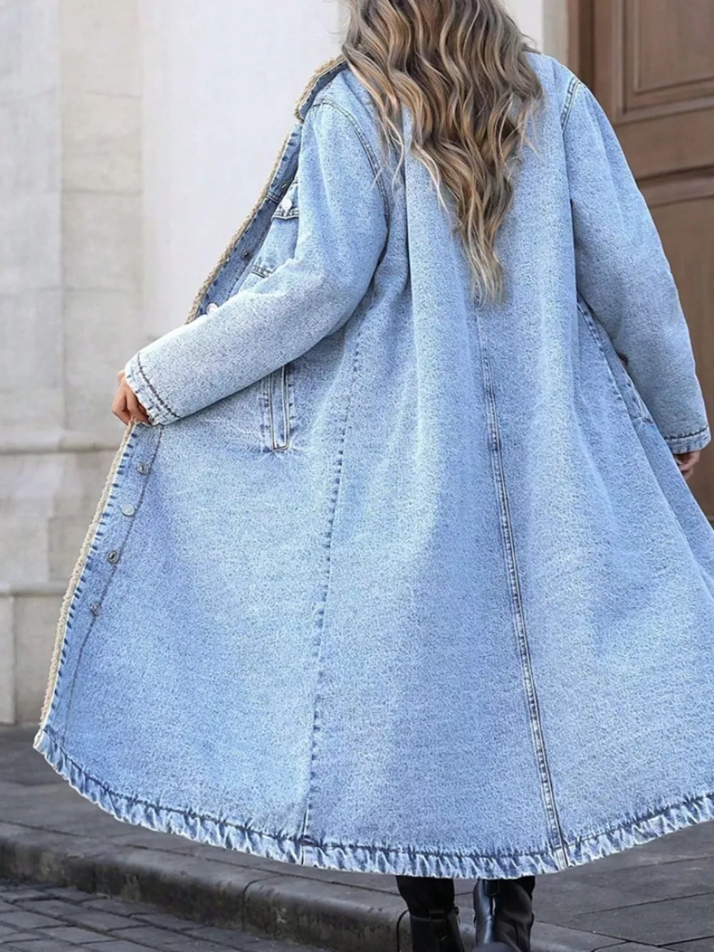 Sherpa Lined Longline Denim Jacket, image 2