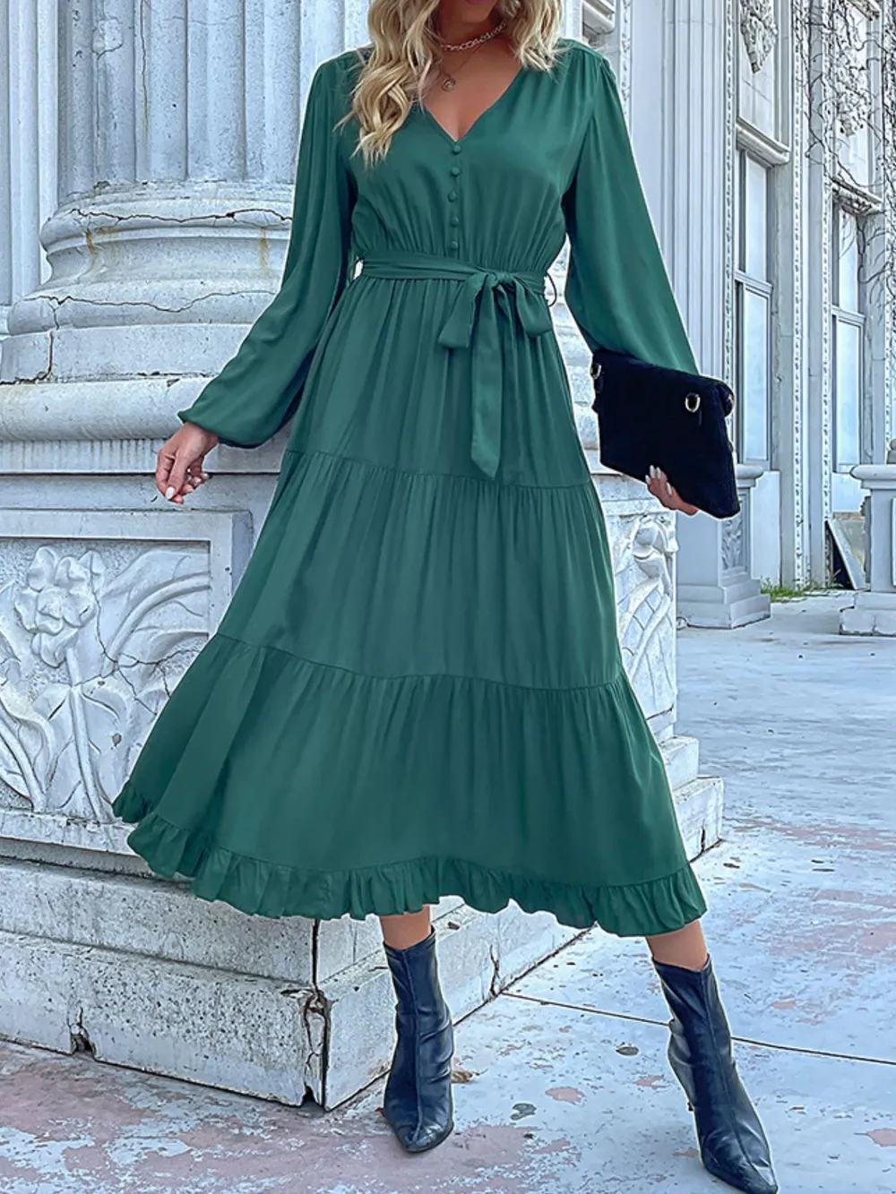 Ruffled Hem V-Neck Balloon Sleeve Dress, image 5